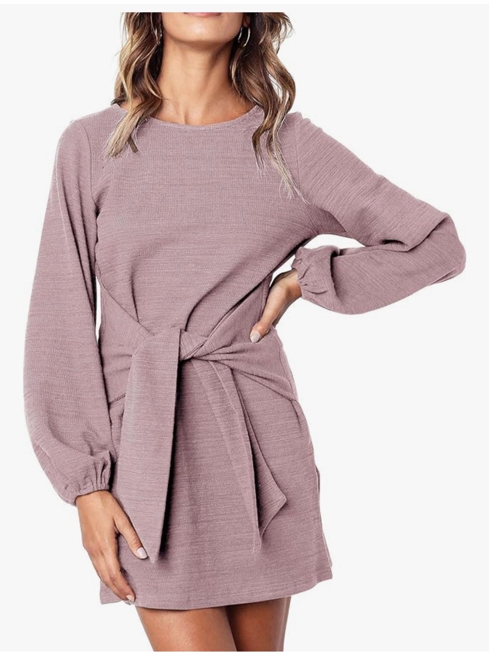 Tie-Waist Long Sleeve Midi Dress in Mauve
